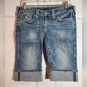 True Religion Sophie Cuffed Bermuda Blue Denim Shorts Size 28